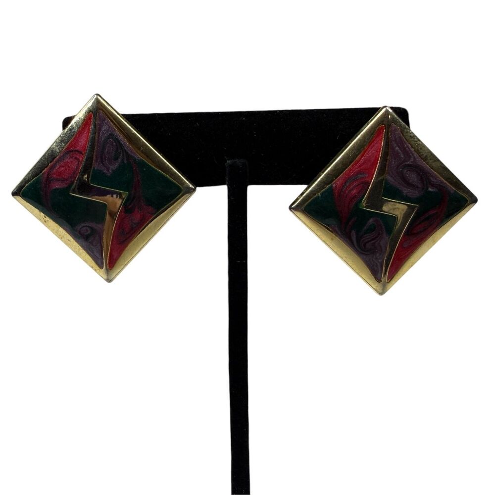 Vintage 80's Gold Tone Enamel Clip On Earrings Red Green Purple Square Jewelry1"